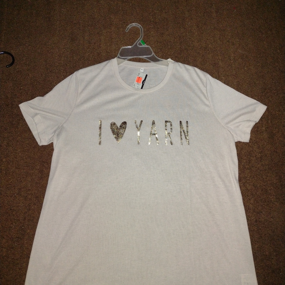 "I love yarn" shirt in a white color and a size extra large